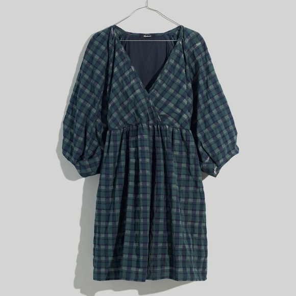 NWT Madewell Marianna Puff-Sleeve Mini Dress in Green Plaid Size Medium - Picture 1 of 12
